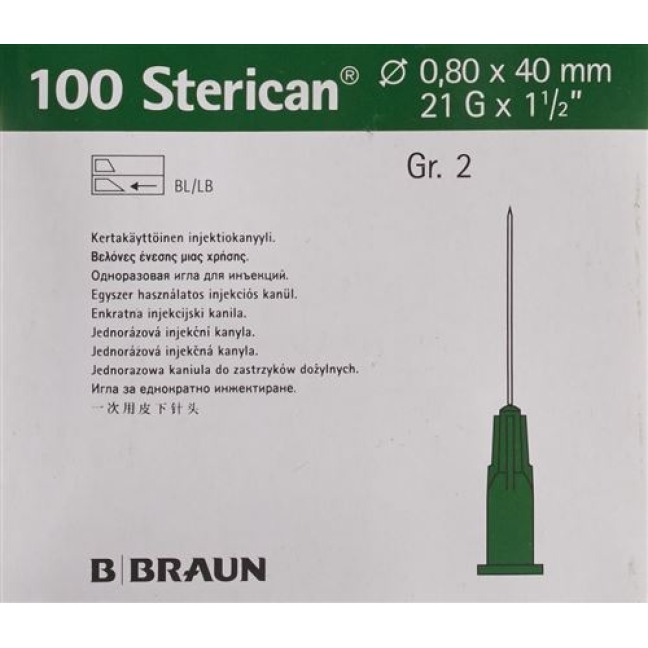 Sterican Nadel 21г 0.80x40мм Grun Luer 100 штук