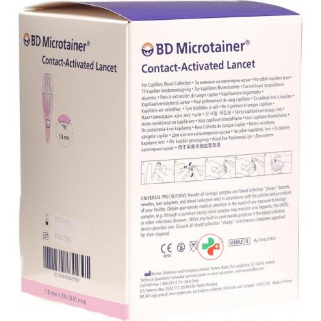 BD Microtainer ланцеты 21gx1.8мм Pink 200 штук